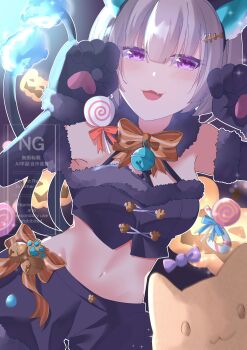 1girl :3 :d absurdres animal_ears animal_hands bare_shoulders bell black_gloves black_shorts blue_fire blush bow breasts candy cat cat_ears cat_paws cat_tail commentary crop_top dmc_tales2006 elbow_gloves english_commentary fake_animal_ears fang fire flame-tipped_tail food fur_collar fur_trim gloves grey_hair hair_ornament hairclip halloween heaven_burns_red highres jack-o'-lantern looking_at_viewer midriff minase_sumomo multiple_tails navel neck_bell open_mouth orange_bow paw_gloves paw_pose purple_eyes short_hair shorts smile solo tail twitter_username two_tails