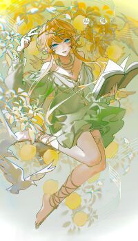 1girl absurdres blonde_hair blue_eyes book branch chromatic_aberration dress ershisi_shao_qing eyelashes fingernails full_body green_dress green_nails hair_intakes hair_ornament highres holding holding_book holding_wand jewelry lips long_hair long_sleeves looking_at_viewer nail_polish necklace open_book original parted_lips pointy_ears sidelocks single_bare_foot solo wand watermark