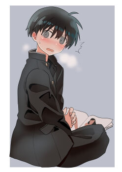 1boy absurdres black_hair black_jacket black_pants blue_background blush border buttons caught commentary_request from_behind gakuran haida_katsuretsu highres implied_masturbation jacket looking_back magazine_(object) male_focus open_clothes open_jacket open_mouth original outside_border pants pornography school_uniform short_hair simple_background sitting solo sweatdrop v-shaped_eyebrows white_border