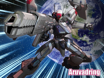 3d aiming character_name clenched_hand commentary_request earth_(planet) emphasis_lines energy_gun full_body gun holding holding_gun holding_weapon mecha mecha_focus original planet robot shu_(la-placetick) solo space star_(sky) weapon