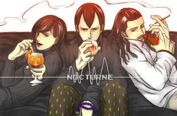 1girl 2boys alcohol bead_bracelet beads beer_bottle black_hair black_shirt bracelet cigarette commentary_request copyright_name couch drinking hijiri_jyouji hikawa_(megami_tensei) holding holding_cigarette jewelry long_hair margarita multiple_boys on_couch one_eye_closed orange_peel red_lips scotch_whisky shin_megami_tensei shin_megami_tensei_iii:_nocturne shirt short_hair sitting smoke takao_yuko turtleneck watabashi_yf white_shirt