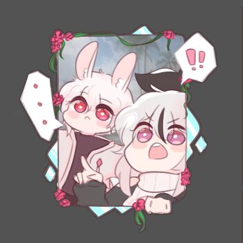 ! !! ... 2girls absurdres animal_ear_fluff animal_ears artist_self-insert bare_shoulders black_hair black_shirt blush_stickers chonkyorca clothing_cutout commentary flower grey_background grey_hair hair_between_eyes highres jacket long_sleeves multicolored_hair multiple_girls open_clothes open_jacket open_mouth orca_(chonkyorca) original pointing puffy_long_sleeves puffy_sleeves purple_eyes rabbit_ears red_eyes red_flower ribbed_sweater shirt shoulder_cutout simple_background sleeves_past_wrists spoken_ellipsis spoken_exclamation_mark streaked_hair sweater symbol-only_commentary turtleneck turtleneck_sweater v-shaped_eyebrows white_jacket white_sweater