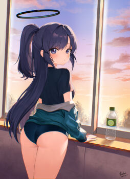 1girl ass backlighting black_halo black_shirt blue_archive blue_buruma blue_jacket blue_sky blush bottle buruma cloud commentary_request cowboy_shot day encheru_(th-sto) gym_shirt gym_uniform hair_intakes half_updo halo highres jacket jacket_partially_removed long_hair looking_at_viewer looking_back mechanical_halo official_alternate_costume official_alternate_hairstyle parted_lips ponytail purple_eyes purple_hair red_pupils shirt short_sleeves sidelocks sky solo star_(symbol) star_sticker sticker sticker_on_face straight_hair thighs track_jacket very_long_hair water_bottle window yuuka_(blue_archive) yuuka_(track)_(blue_archive)