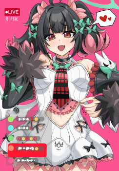 Rule 34 | 1girl, absurdres, bare shoulders, black choker, black hair, blush, bow, breasts, checkered necktie, choker, clothing cutout, colored inner hair, commentary request, cowboy shot, crosshair pupils, detached sleeves, dress, fur-trimmed sleeves, fur trim, green bow, green halo, hair bow, halo, heart, highres, livestream, looking at viewer, medium breasts, multicolored hair, multiple hair bows, nangong yu, navel, navel cutout, necktie, open mouth, ouichi, pink background, red eyes, red necktie, short twintails, simple background, sleeve bow, solo, spoken heart, twintails, white dress, white wings, wings, zenless zone zero