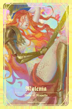 1girl absurdres armor breasts cape closed_eyes elden_ring fromsoftware gold_armor golden_sword helmet highres malenia_blade_of_miquella malenia_goddess_of_rot mechanical_arms mechanical_legs prosthesis prosthetic_arm prosthetic_leg red_cape red_hair scar single_mechanical_arm single_mechanical_leg solo