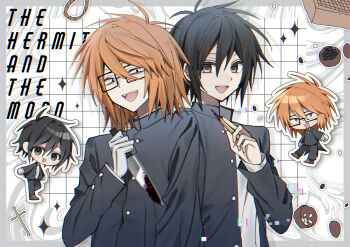 Rule 34 | 2boys, antenna hair, black-framed eyewear, black eyes, black hair, black jacket, blood, bloody knife, boxcutter, chibi, chibi inset, commentary request, english text, gakuran, gloves, grey background, hair between eyes, hand up, highres, hinomiya shou, holding, holding boxcutter, holding knife, jacket, knife, long sleeves, looking at viewer, male focus, medium hair, multiple boys, open clothes, open jacket, open mouth, orange hair, randal's friends, randal ivory, rectangular eyewear, school uniform, shirt, short hair, sparkle, teeth, tsukada satoru, upper body, upper teeth only, white gloves, white shirt