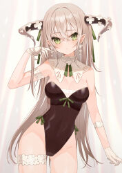 Rule 34 | 1girl, absurdres, bare shoulders, black leotard, breasts, brown hair, cleavage, closed mouth, commentary request, curtains, earrings, flower, flower earrings, gloves, green eyes, groin, hair between eyes, hand in own hair, hand up, highres, horns, jewelry, leotard, long hair, looking at viewer, medium breasts, minasenagi, original, pointy ears, solo, standing, strapless, strapless leotard, very long hair, white flower, white gloves