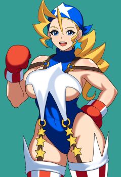 Rule 34 | 1girl, ahoge, bandana, blonde hair, blue eyes, blue leotard, bojack198, boxing gloves, breasts, capcom, commentary, earrings, english commentary, green background, highres, jewelry, justice gakuen, large breasts, leotard, long hair, looking at viewer, open mouth, revealing clothes, shiritsu justice gakuen, sideboob, smile, solo, star (symbol), star earrings, thighhighs, tiffany lords, underboob, united states