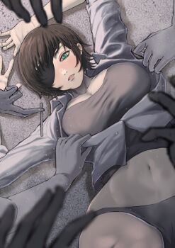 bra casual chainsaw_man cigarette disembodied_hand eyepatch flower flower_bed ghost ghost_devil_(chainsaw_man) green_eyes himeno_(chainsaw_man) looking_at_viewer lying navel on_back shirt short_hair striped_clothes tagme underwear undressing white_shirt yamada_otonari