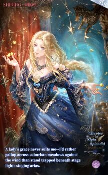 1girl artist_request bare_shoulders blonde_hair blue_bow blue_dress bow bow_button braid bridget_(shining_nikki) brooch center_frills character_name coin commentary copyright_name curtains dress earrings elf english_commentary english_text excerpt_of_dreams_old_(shining_nikki) feet_out_of_frame flower flower_brooch frilled_dress frills gem gold_coin gown green_gemstone hair_ornament happy highres indoors jewelry juliet_sleeves lace-trimmed_sleeves lace_trim light_particles logo long_dress long_hair long_sleeves looking_ahead magic mirror model_ship necklace nikki_(series) off-shoulder_dress off_shoulder official_alternate_color official_art open_mouth pointy_ears portal_(object) print_dress puffy_sleeves purple_eyes rose second-party_source shining_nikki sidelocks single_braid smile solo stage standing star_(symbol) star_hair_ornament star_print very_long_hair wide_sleeves yellow_bow yellow_flower yellow_rose