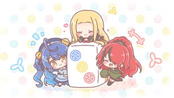 Rule 34 | +++, 3girls, :d, ^ ^, ahoge, amamiya kokoro, amamiya kokoro (1st costume), bell, beret, black boots, black hair, blonde hair, blue hat, blue shoes, blush stickers, boots, breasts, chibi, cleavage, closed eyes, closed mouth, colored shadow, commentary request, dress, fang, forehead, green jacket, grey dress, grey jacket, hair bell, hair ornament, hair over one eye, hairclip, hat, heart, highres, jacket, jingle bell, lain paterson, lain paterson (1st costume), large breasts, long hair, long sleeves, luis cammy, luis cammy (1st costume), mahjong, mahjong tile, mitarashi neko, mole, mole under mouth, multicolored hair, multicolored polka dots, multiple girls, nijisanji, open mouth, pantyhose, polka dot, polka dot background, ponytail, puffy long sleeves, puffy sleeves, red hair, shadow, shoes, sleeves past fingers, sleeves past wrists, smile, streaked hair, thigh boots, very long hair, virtual youtuber, white background, white pantyhose, x hair ornament