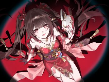 0p78xopwsj83779 1girl bell black_choker black_gloves black_hair butterfly-shaped_pupils choker criss-cross_halter detached_sleeves dress fox_mask gloves halterneck hashtag-only_commentary highres holding holding_mask honkai:_star_rail honkai_(series) japanese_clothes kimono long_hair mask neck_bell red_dress sitting solo sparkle_(honkai:_star_rail) spotlight symbol-shaped_pupils tassel twintails waist_ribbon