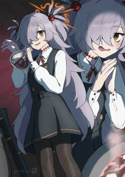 Rule 34 | 1girl, antique firearm, bags under eyes, black pantyhose, blue archive, blunderbuss, brown eyes, choker, collared shirt, dress, firearm, flask, gabuillust, grey hair, gun, hair ornament, hair over one eye, halo, highres, holding, holding flask, kanoe (blue archive), long hair, long sleeves, looking at viewer, open mouth, own hands together, pantyhose, pinafore dress, ribbon, shirt, sleeveless, sleeveless dress, smile, solo, two side up, very long hair, weapon, white shirt