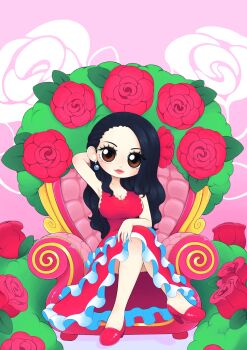 1girl absurdres arm_behind_head black_hair brown_eyes closed_mouth commentary commission dress english_commentary eyelashes flower full_body hair_behind_ear high_heels highres long_hair martinsdmelo one_piece pink_background pink_lips red_dress red_flower red_rose rose sitting sleeveless sleeveless_dress smile solo viola_(one_piece)