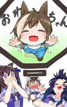 +_+ 3girls =_= aged_down animal_ears baby blue_hair cheval_grand_(umamusume) covering_own_mouth dark_blue_hair dhisuki embarrassed fainting hat highres horse_ears horse_girl horse_tail multiple_girls purple_eyes school_uniform siblings sisters so_moe_i&#039;m_gonna_die! tail tracen_school_uniform umamusume verxina_(umamusume) vivlos_(umamusume) white_background