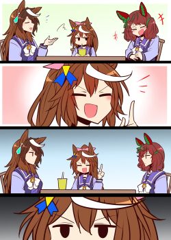 3girls animal_ears bow brown_hair closed_eyes closed_mouth commentary cup drinking_straw drinking_straw_in_mouth ear_covers ear_ornament hair_ribbon highres holding holding_cup horse_ears horse_girl laughing long_hair long_sleeves looking_at_another multicolored_hair multiple_girls nice_nature_(umamusume) open_mouth pink_ribbon pointing pointing_up ponytail purple_sailor_collar purple_shirt ribbon sailor_collar school_uniform shirt short_twintails sitting symboli_rudolf_(umamusume) tears tokai_teio_(umamusume) tracen_school_uniform twintails two-tone_hair umamusume white_bow white_hair yonedatomo_mizu