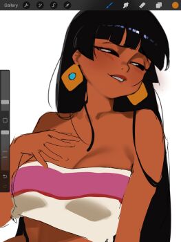 1girl biting_own_lip black_hair blunt_bangs breasts brown_lips chel_(el_dorado) cleavage commentary dark-skinned_female dark_skin earrings english_commentary fruitcrunchi hand_on_own_chest highres hime_cut jewelry looking_to_the_side pink_tube_top raised_eyebrow simple_background solo strapless the_road_to_el_dorado tube_top two-tone_tube_top upper_body white_background