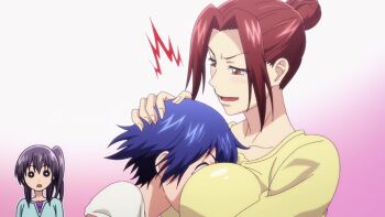 3girls animated anime_screenshot blue_hair blush breast_smother breasts face_to_breasts grand_blue hair_bun hand_on_another&#039;s_head highres kamio_kiyoko large_breasts multiple_girls open_mouth red_hair shirt short_hair sidelocks smile sound suzuki_keiko tagme video yellow_shirt yoshiwara_aina