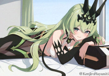 1girl bare_shoulders black_gloves black_pants black_tiara breasts commentary_request earrings elbow_gloves gloves green_hair hair_between_eyes headpiece highres honkai_(series) honkai_impact_3rd indoors jewelry kenjirohayamiti long_hair looking_at_viewer lying medium_breasts mobius_(honkai_impact) on_stomach pants parted_lips red_eyes single_elbow_glove smile solo tiara twitter_username window