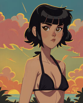 1girl artist_name bad_artstation_id bad_id bikini black_bikini black_hair blunt_bangs breasts brown_eyes cloud collarbone galmesh_rosewood highres horizon medium_breasts original outdoors short_hair sky solo sunset swimsuit upper_body water