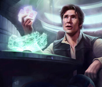 1boy absurdres anthonyfoti black_vest brown_eyes commentary english_commentary english_text han_solo highres hologram male_focus open_mouth realistic shirt short_hair sitting solo star_wars tony_foti vest white_shirt