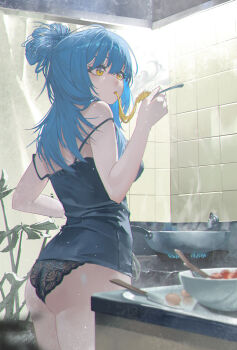 1girl ass bare_shoulders black_panties blue_camisole blue_fire blurry blurry_foreground bowl camisole chinese_commentary commentary_request cooking cowboy_shot curtains eating egg fire food fork frying_pan highres holding holding_fork indoors kitchen kitchen_knife knife lace leaf long_hair noodles original panties plant potted_plant revision solo standing steam stove strap_slip tile_wall tiles underwear underwear_only xleontan yellow_eyes