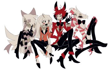 2boys 2girls :d ^_^ alastor_(hazbin_hotel) angel_dust animal_ears antlers asymmetrical_legwear black_boots black_bow black_bowtie black_eyes black_gloves black_hair black_mouth black_pants black_sclera black_shorts black_thighhighs boots bow bowtie bra_strap buttons charlie_morningstar circle_facial_mark closed_eyes closed_mouth colored_sclera colored_skin colored_tips commentary_request crossed_ankles crossed_arms deer_antlers deer_boy deer_ears dress earrings elbow_gloves extra_arms facing_another fangs fewer_digits frilled_dress frills full_body furry furry_male gloves grey_bow grey_bowtie grey_skin grin hair_bow hair_over_one_eye hand_on_own_cheek hand_on_own_face hand_on_own_knee hazbin_hotel hellaverse higa423 high_heel_boots high_heels horizontal-striped_thighhighs horns invisible_chair jacket jewelry knee_up knees_together_feet_apart knees_up layered_sleeves long_hair looking_at_another low-tied_long_hair mismatched_legwear mismatched_sclera monocle multicolored_hair multiple_boys multiple_girls no_pupils off-shoulder_dress off_shoulder one_eye_covered open_mouth pants pink_bow pink_eyes pink_gloves pink_sclera pink_shirt pink_thighhighs pinstripe_jacket pinstripe_pattern red_hair red_jacket red_shirt sharp_teeth shirt short_hair short_shorts short_sleeves shorts simple_background sitting skull_earrings smile striped_clothes striped_shirt swept_bangs teeth thigh_boots thighhighs traditional_bowtie two-tone_hair two-tone_shirt upper_teeth_only v-shaped_eyebrows vaggie very_long_hair white_background white_dress white_fur white_hair white_shirt white_skin