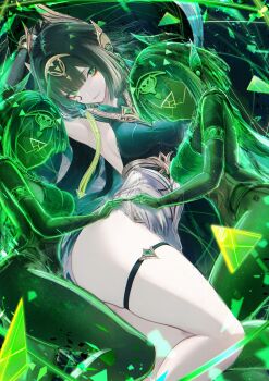 1girl absurdres armpits arms_up black_gloves breasts commentary earpiece elbow_gloves english_commentary facial_mark genshin_impact gloves green_eyes green_hair headgear highres jewelry large_breasts looking_at_viewer mark_under_eye medium_hair mole mole_under_eye multiple_persona nefer_(genshin_impact) parted_lips renoahh smile solo thighlet thighs