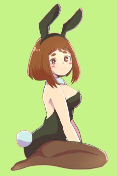 1girl black_leotard blush_stickers boku_no_hero_academia brown_eyes brown_hair buuu0715 closed_mouth female_focus green_background highres leotard looking_at_viewer playboy_bunny rabbit_tail short_hair sidelocks smile solo strapless strapless_leotard uraraka_ochako