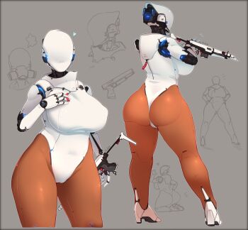 1girl android ass bald bald blush breasts brown_pantyhose cameltoe collage commentary covered_erect_nipples curvy english_commentary faceless faceless_female full_body gun gun_sling haydee_(game) haydee_(haydee) high_heels highres holding holding_gun holding_weapon huge_breasts humanoid_robot joints justrube leotard metal_skin neon_trim pantyhose partially_colored robot robot_joints sketch solo submachine_gun thick_thighs thighs thong_leotard weapon white_leotard zipper_pull_tab