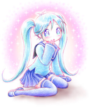 1girl antenna_hair aqua_hair blue_eyes blue_serafuku blue_shirt blue_shoes blue_skirt blue_theme commentary_request full_body imaichi_moenai_ko kobe_shinbun leica_(leica_xx) miniskirt pleated_skirt school_uniform serafuku shirt shoes sitting skirt sleeves_past_wrists solo sparkle twintails wariza