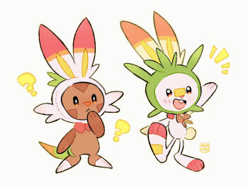 Rule 34 | ?, aukives, blush, brown eyes, chespin, closed mouth, gen 6 pokemon, gen 8 pokemon, hat, nintendo, no humans, orange eyes, pokemon, pokemon (creature), pokemon focus, scorbunny, simple background, source request, standing, white background