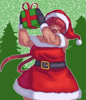 1girl 1shermieaday breasts christmas coat curvy dress female_focus fluffy gloves hat heart huge_breasts large_breasts long_hair marellartt ponytail red_hair shermie_(kof) skirt smile smiley_face snow snowing tan the_king_of_fighters thick_thighs thighs twintails wide_hips