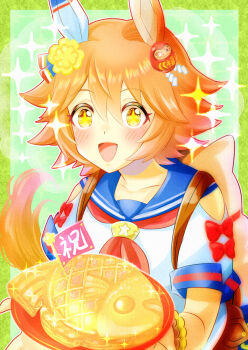 Rule 34 | 1girl, animal ears, bead bracelet, beads, blue sailor collar, blush, bracelet, chiffon, clover hair ornament, collarbone, commentary request, daruma doll, doll hair ornament, ear covers, flipped hair, food, four-leaf clover hair ornament, hair between eyes, hair ornament, highres, holding, holding tray, horse ears, horse girl, horse tail, jewelry, maneki-neko, matikanefukukitaru (rising fortune) (umamusume), matikanefukukitaru (umamusume), neckerchief, open mouth, orange hair, red neckerchief, sailor collar, school uniform, serafuku, shirt, short hair, single ear cover, smile, solo, sparkle, star-shaped pupils, star (symbol), symbol-shaped pupils, tail, taiyaki, tray, umamusume, wagashi, white shirt