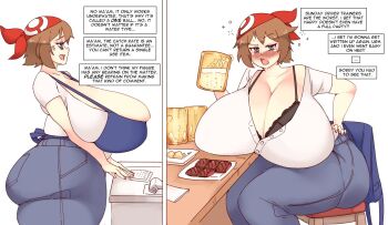 1girl aged_up alcohol anger_vein bandana beer blue_eyes blush breasts brown_hair cleavage curvy female_focus gigantic_breasts looking_at_viewer may_(pokemon) nintendo pokemon rtil short_hair sitting skindentation solo speech_bubble thick_thighs thighs wide_hips