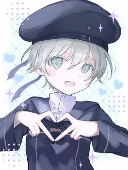 Rule 34 | 1girl, blonde hair, blue eyes, blush, commentary request, dress, four-finger heart hands, gradient background, grey hair, hat, heart, heart hands, highres, kantai collection, long sleeves, looking at viewer, open mouth, sailor collar, sailor hat, short hair, smile, solo, sparkle, suihell, upper body, white background, z1 leberecht maass (kancolle)