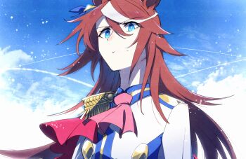 1girl aged_up animal_ears ascot blue_eyes brown_hair epaulettes frown hair_down highres horse_ears horse_girl long_hair long_sleeves multicolored_hair pink_ascot single_epaulette solo streaked_hair takatsuki_nato tokai_teio_(peak_joy)_(umamusume) tokai_teio_(umamusume) two-tone_hair umamusume white_hair
