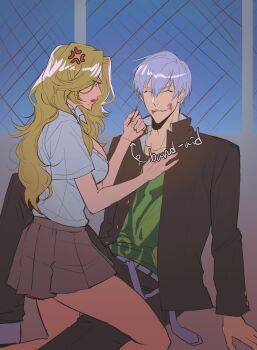 1boy 1girl 2025 anger_vein belt bleach blonde_hair blouse blue_eyes breasts grey_hair highres ichimaru_gin jacket karakura_high_school_uniform large_breasts long_hair matsumoto_rangiku mole mole_under_mouth nothinkingirl pants school_uniform shirt short_hair skirt strawberry_blonde