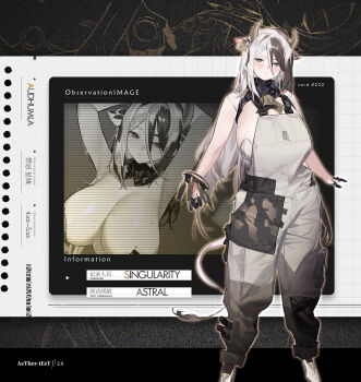 1girl animal_ears animal_print arms_up bare_shoulders bell black_streaks blush bracelet breasts commentary cow_ears cow_girl cow_horns cow_print cow_tail cowbell ear_tag english_text finger_cots full_body gebijiade_89 green_eyes grey_overalls hair_between_eyes highres horns huge_breasts jewelry long_hair multicolored_hair multiple_views neck_bell original outside_border overalls pasties standing streaked_hair tail white_hair