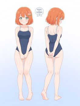 1girl arms_behind_back artist_logo ass bare_legs barefoot blush breasts closed_mouth commentary competition_school_swimsuit covered_navel food-themed_hair_ornament front_and_back full_body gradient_background green_eyes hair_ornament highres logo looking_at_viewer medium_breasts momonosumikko multiple_views nervous one-piece_swimsuit orange_hair original own_hands_together peach_hair_ornament school_swimsuit short_hair smile standing swimsuit untranslatable_commentary white_background