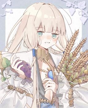 Rule 34 | 1boy, blonde hair, fate/grand order, fate (series), food, fruit, grapes, green eyes, highres, holding wheat, long hair, male focus, noah (fate), olive, smile, wheat, yaruco (freedumco)