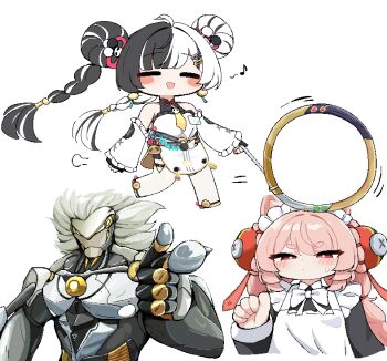 1boy 2girls ahoge alternate_costume animal_ear_fluff animal_ears animal_print apron artificial_eye banyue_(zenless_zone_zero) bare_shoulders bear_print black_dress black_hair blush bow bowtie braid braided_twintails bright_pupils chakram chibi china_dress chinese_clothes claws closed_eyes detached_sleeves dialyn_(zenless_zone_zero) double_bun dress earrings enmaided finger_gun full_body furry furry_female grey_hair hair_bun hair_extensions hair_ornament hairclip half-closed_eyes humanoid_robot jewelry long_hair maid maid_apron maid_headdress mechanical_eye mechanical_hands metal_skin motion_lines multicolored_hair multiple_girls musical_note necktie open_mouth panda_hair_ornament panda_print pelvic_curtain pink_fur pink_hair rabbit_ears rabbit_girl red_eyes ring_hair_extensions robot robot_boy screw short_eyebrows simple_background split-color_hair sweatdrop tagyeokgam thick_eyebrows thighhighs upper_body weapon white_apron white_background white_bow white_bowtie white_dress white_hair white_pupils white_thighhighs wire yellow_necktie zenless_zone_zero zhao_(zenless_zone_zero)