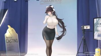 1girl animated azur_lane black_hair bow bra breasts brown_eyes clothes_lift curvy hair_bow high_ponytail huge_breasts lace lace_bra lace_panties long_hair multiple_views navel official_alternate_costume panties pantyhose pencil_skirt ponytail ribbed_sweater skirt sound sweater sweater_lift tagme takao_(inner_cultivation)_(azur_lane) thick_thighs thighs turtleneck turtleneck_sweater underwear very_long_hair video wide_hips