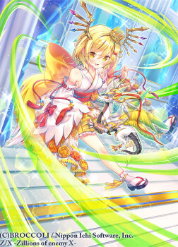 1girl amo_(shibu3) aura blonde_hair bow breasts copyright_notice crown detached_sleeves dragon dragon_horns hair_bow horns japanese_clothes medium_breasts medium_hair miko nino_(z/x) official_art okobo open_mouth platform_sandals red_bow sandals small_dragon socks sparkle white_socks yellow_bow yellow_eyes z/x