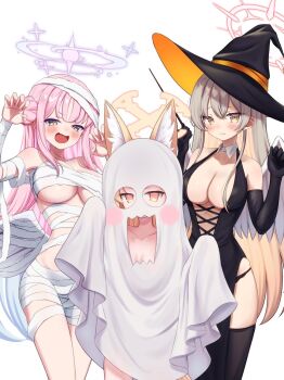 3girls animal_ear_fluff animal_ears blonde_hair blue_archive breasts brown_eyes brown_hair claw_pose cleavage collarbone ghost_costume hair_between_eyes hair_bun halloween halloween_costume halo hat highres holding holding_wand large_breasts long_hair looking_at_viewer medium_breasts mika_(blue_archive) multiple_girls mummy_costume nagisa_(blue_archive) open_mouth panda_90321 pink_hair pink_halo red_halo seia_(blue_archive) simple_background single_hair_bun small_breasts smile tea_party_(blue_archive) very_long_hair wand white_background witch witch_hat yellow_halo
