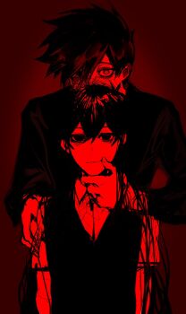 2boys antenna_hair arms_at_sides bags_under_eyes behind_another chuan closed_mouth collared_shirt commentary_request covered_mouth double-parted_bangs empty_eyes fingernails forced_smile hair_between_eyes hand_on_another&#039;s_chin hand_on_another&#039;s_shoulder hero_(faraway)_(omori) hero_(omori) heterochromia high_contrast highres long_sleeves looking_at_viewer male_focus monochrome multiple_boys no_pupils omori red_background red_theme shirt short_hair simple_background smile straight-on sunny_(omori) sweater_vest upper_body very_short_hair