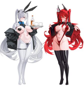 2girls absurdres alcohol animal_ears black_horns black_jacket blue_bow blue_bowtie blue_eyes blush boots bottle bow bowtie breasts cinderella_(nikke) closed_mouth collared_shrug commentary_request cup drinking_glass fake_animal_ears fang frontless_outfit full_body glass goddess_of_victory:_nikke gong_dol_hong hair_ornament hair_over_one_eye heart_maebari heart_pasties high_heel_boots high_heels highres hiphighs holding holding_plate holding_tray horns jacket korean_commentary lanyard large_breasts latex_thigh_boots long_hair long_sleeves looking_at_viewer maebari mechanical_horns multiple_girls navel necktie official_alternate_eye_color one_eye_covered open_clothes open_jacket pasties plate rabbit_ears rabbit_hair_ornament red_eyes red_hair red_hood_(nikke) red_jacket red_necktie red_slingshot_swimsuit reverse_bunnysuit reverse_outfit short_necktie shrug_(clothing) simple_background slingshot_swimsuit smile sweat swimsuit thigh_strap tray twintails very_long_hair white_background white_hair white_hiphighs white_shrug wide_hips zipper