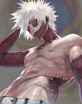 1boy abs artistdkt belt black_hair blue_eyes boku_no_hero_academia burn_scar cheek_piercing dabi_(boku_no_hero_academia) ear_piercing earrings expressionless face_piercing highres jewelry looking_at_viewer male_focus mature_male multiple_scars muscular muscular_male nipple_piercing nipples pectorals piercing scar scar_on_arm scar_on_face scars_all_over short_hair simple_background solo spiked_hair stapled stitches too_many white_hair