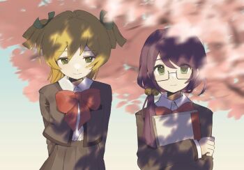 2girls bell black-framed_eyewear blonde_hair blurry blurry_background blurry_foreground book bow bowtie cherry_blossoms clenched_hand closed_mouth collared_shirt daiba_nana dappled_sunlight day depth_of_field glasses gradient_background green_eyes green_ribbon grey_jacket grey_skirt hair_bell hair_between_eyes hair_ornament hair_ribbon highres hoshimi_junna hugging_object jacket long_hair long_sleeves looking_at_viewer low_side_ponytail medium_hair multiple_girls open_clothes open_jacket parted_bangs pleated_skirt purple_hair red_bow red_bowtie ribbon school_uniform seisho_music_academy_school_uniform shirt shirt_tucked_in shoujo_kageki_revue_starlight side-by-side side_ponytail skirt sunlight tree_shade two_side_up upper_body white_shirt youmi_zzz