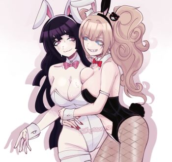 2girls animal_ear_hairband animal_ears black_leotard blonde_hair blue_eyes bow bowtie breast_press breasts cleavage closed_mouth commentary danganronpa:_trigger_happy_havoc danganronpa_(series) danganronpa_2:_goodbye_despair detached_collar drop_shadow english_commentary enoshima_junko eyelashes fake_animal_ears fake_tail fingernails fishnet_pantyhose fishnets grin hairband hug_from_side kayscorpse leotard long_hair multiple_girls nail_polish nervous_sweating official_alternate_costume pantyhose pink_bow pink_bowtie pink_eyes pink_nails playboy_bunny purple_hair rabbit_ear_hairband rabbit_ears rabbit_tail red_bow red_bowtie red_nails simple_background smile strapless strapless_leotard sweat tail teeth tsumiki_mikan tumblr_username twintails two-tone_hairband very_long_hair wavy_mouth white_background white_hairband white_leotard wrist_cuffs yuri